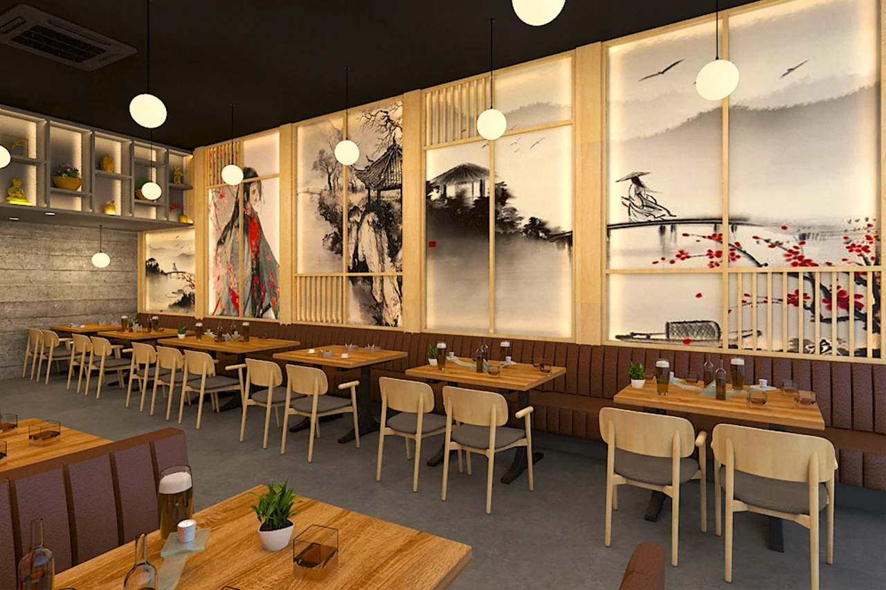 Restaurant interior with booth seating, illuminated Asian landscape murals, and light wood chairs in a contemporary style.