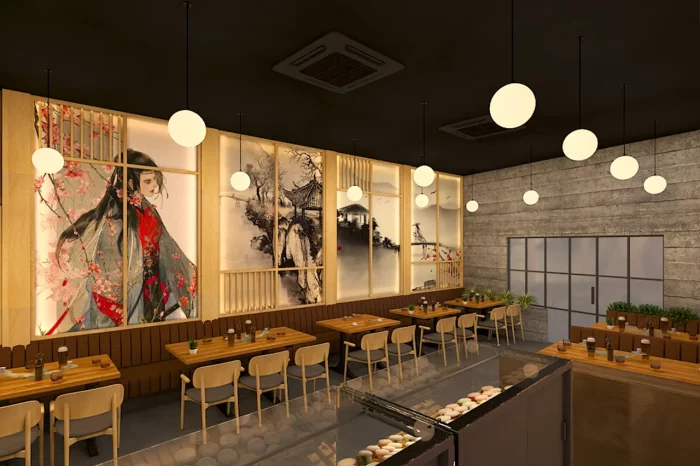 Modern Chinese restaurant interior at 5 Spice Ghatkopar with large traditional art murals, light wood tables, and concrete wall accents.