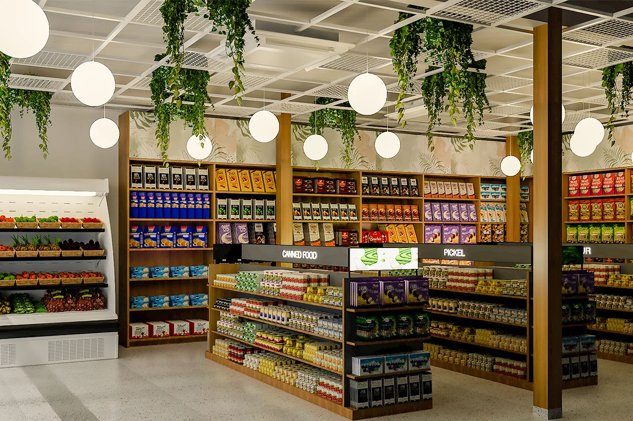 Interior of Bombay Gourmet supermarket, showcasing a wide aisle with curated gourmet groceries, cheeses, and international goods.