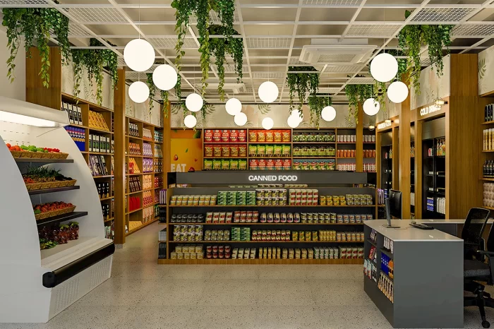 Modern retail design for Bombay Gourmet in Hyderabad, featuring premium product displays and a welcoming store entrance.