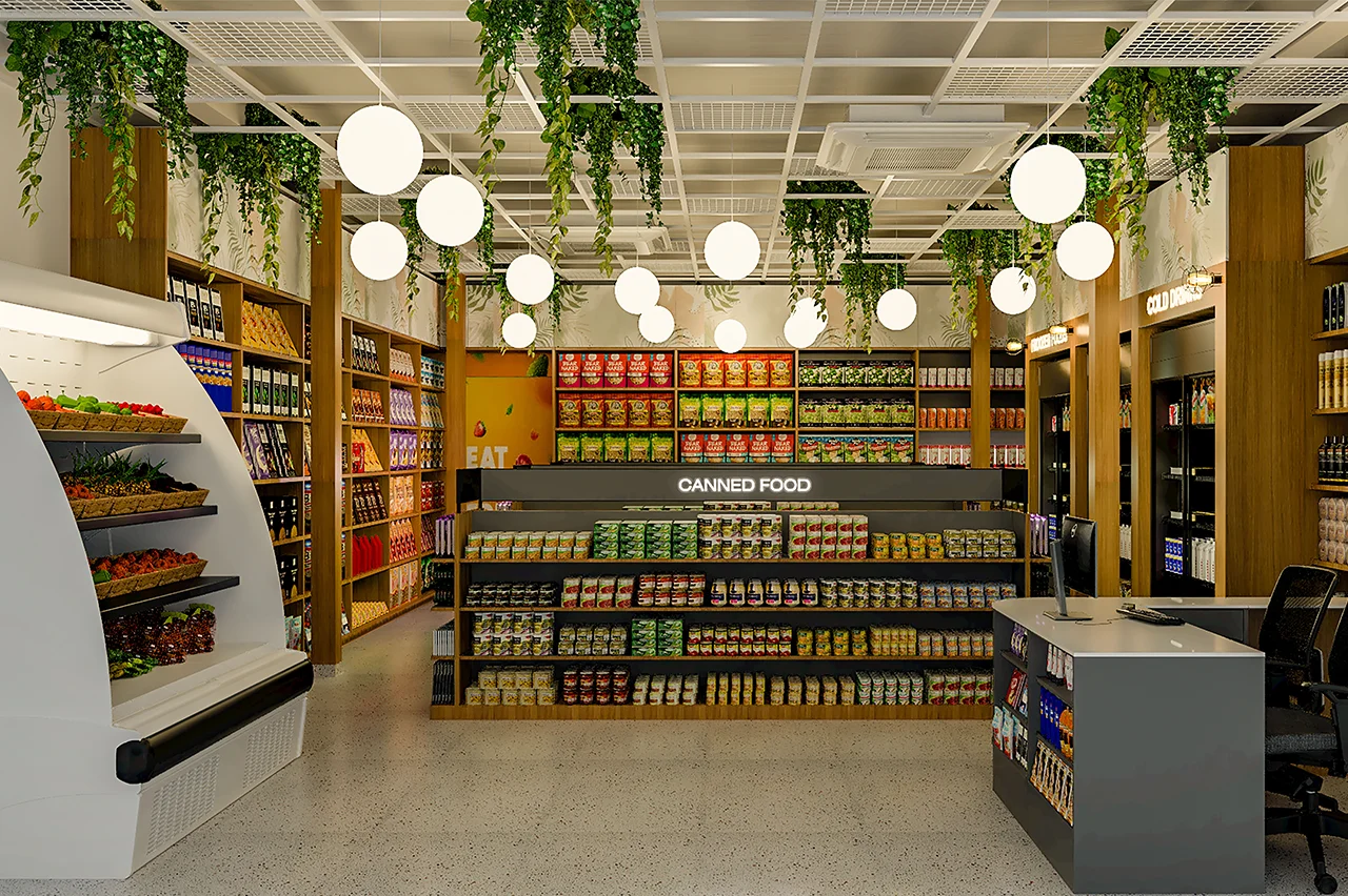 Modern retail design for Bombay Gourmet in Hyderabad, featuring premium product displays and a welcoming store entrance.
