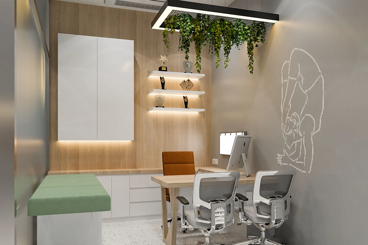 Doctor's consultation room with light wood paneling, modern desk, ergonomic chairs, and backlit trophy display shelves.