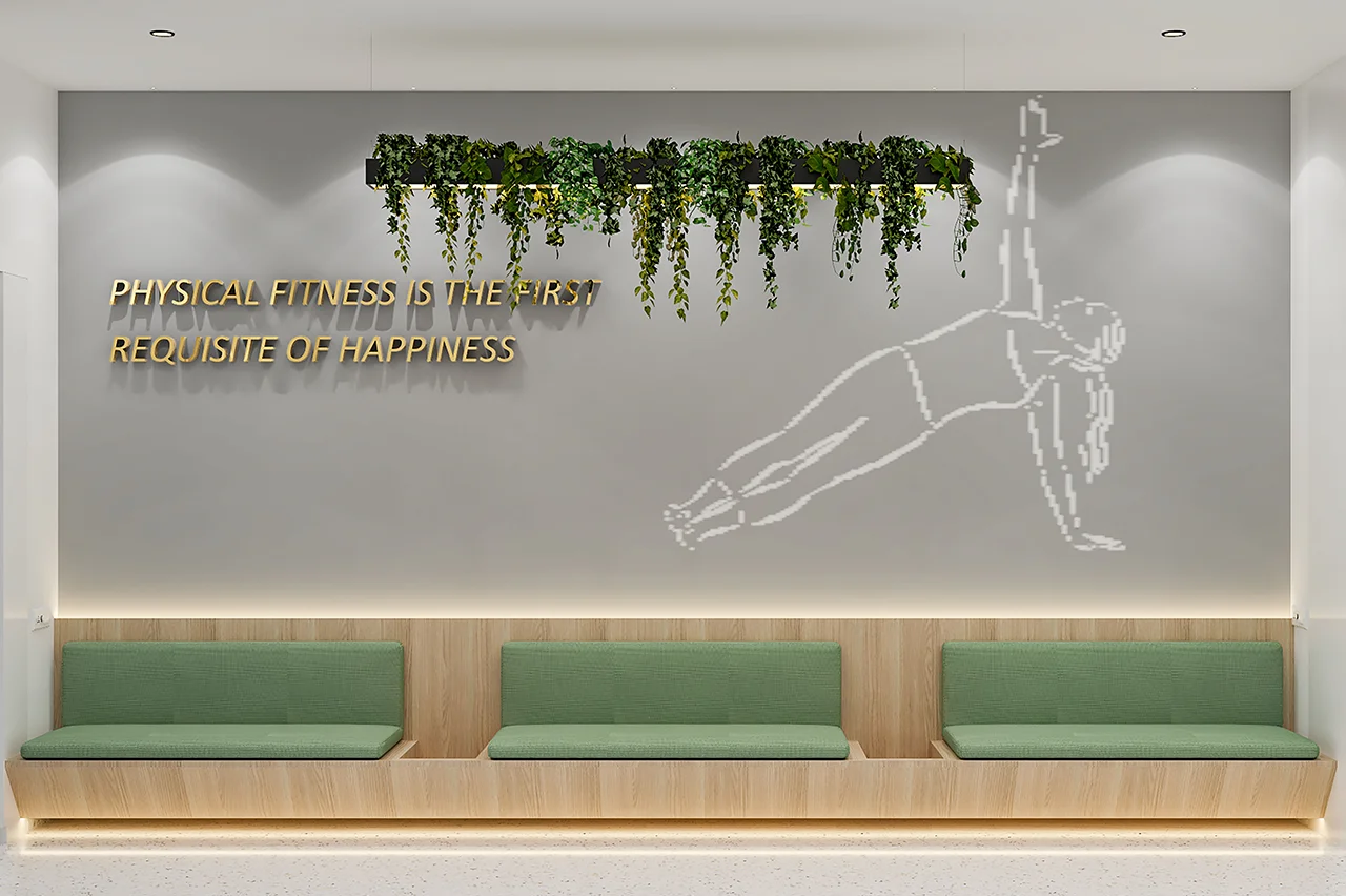 Clinic waiting area bench seating with light green cushions, wood paneling, and a yoga-themed fitness wall mural.