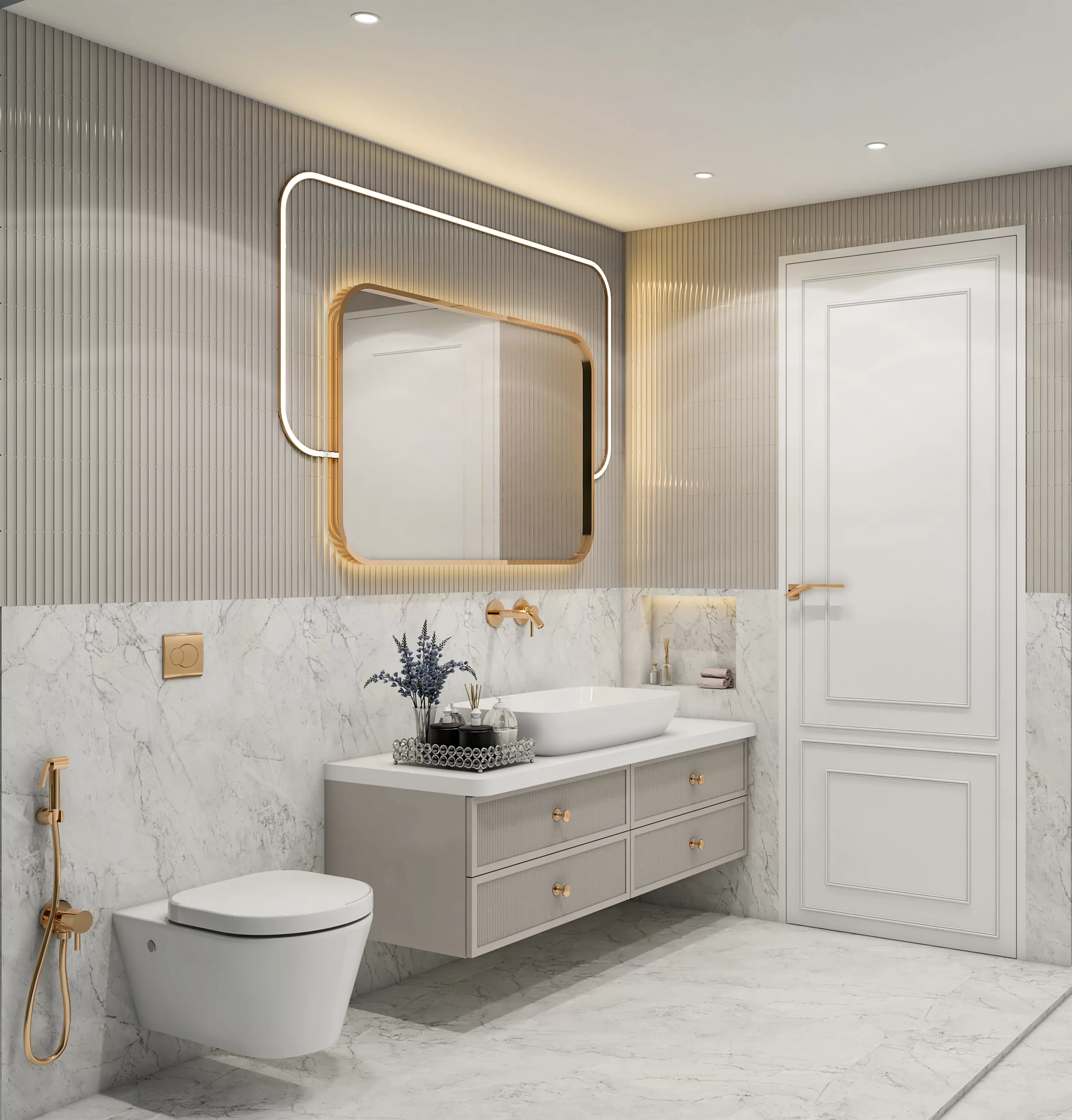Modern guest bathroom with a floating fluted vanity, marble wainscoting, gold-framed mirror, and brass fixtures.