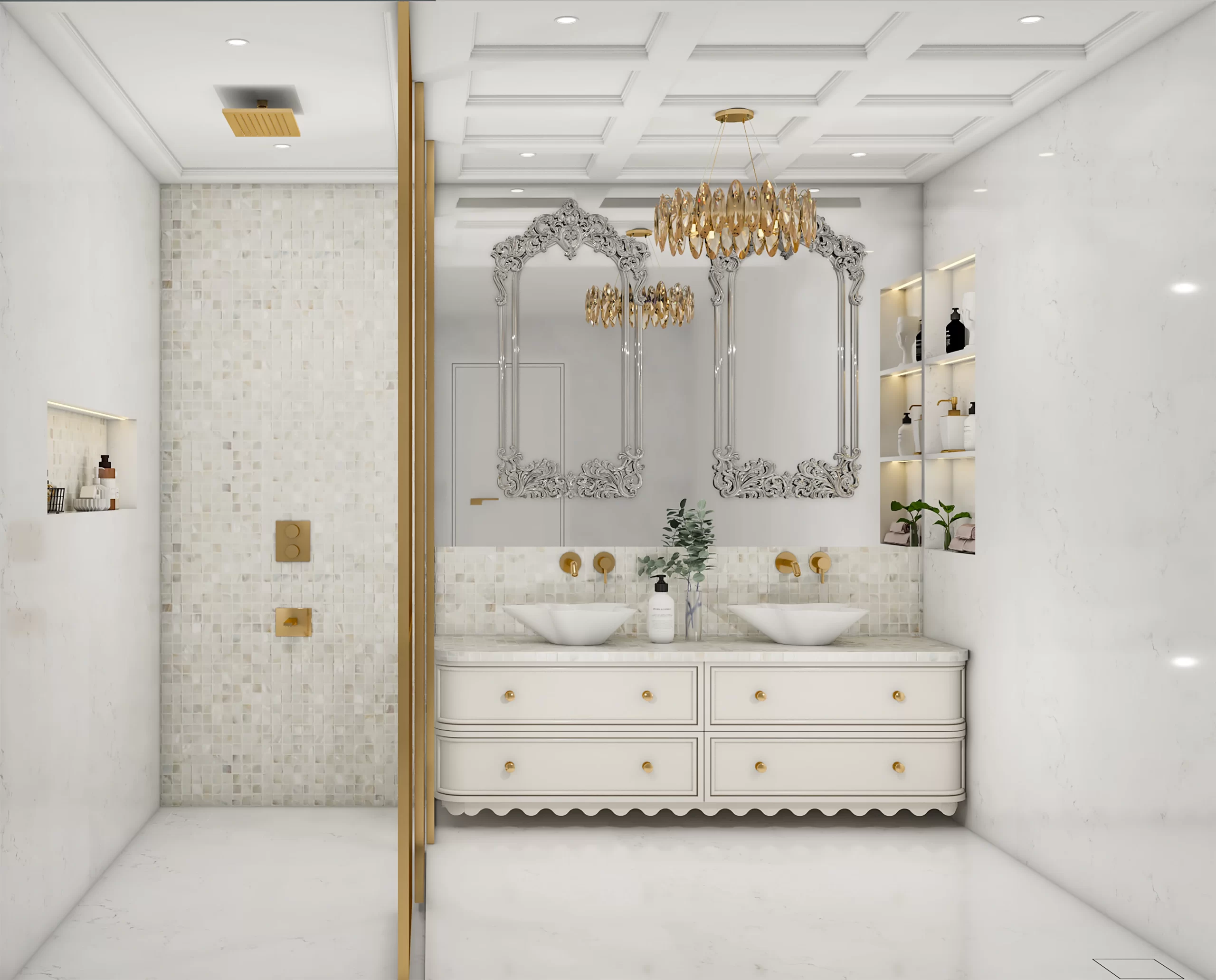 Contemporary master bathroom with dual sinks, carved mirrors, coffered ceiling, mosaic shower, and champagne gold fixtures.