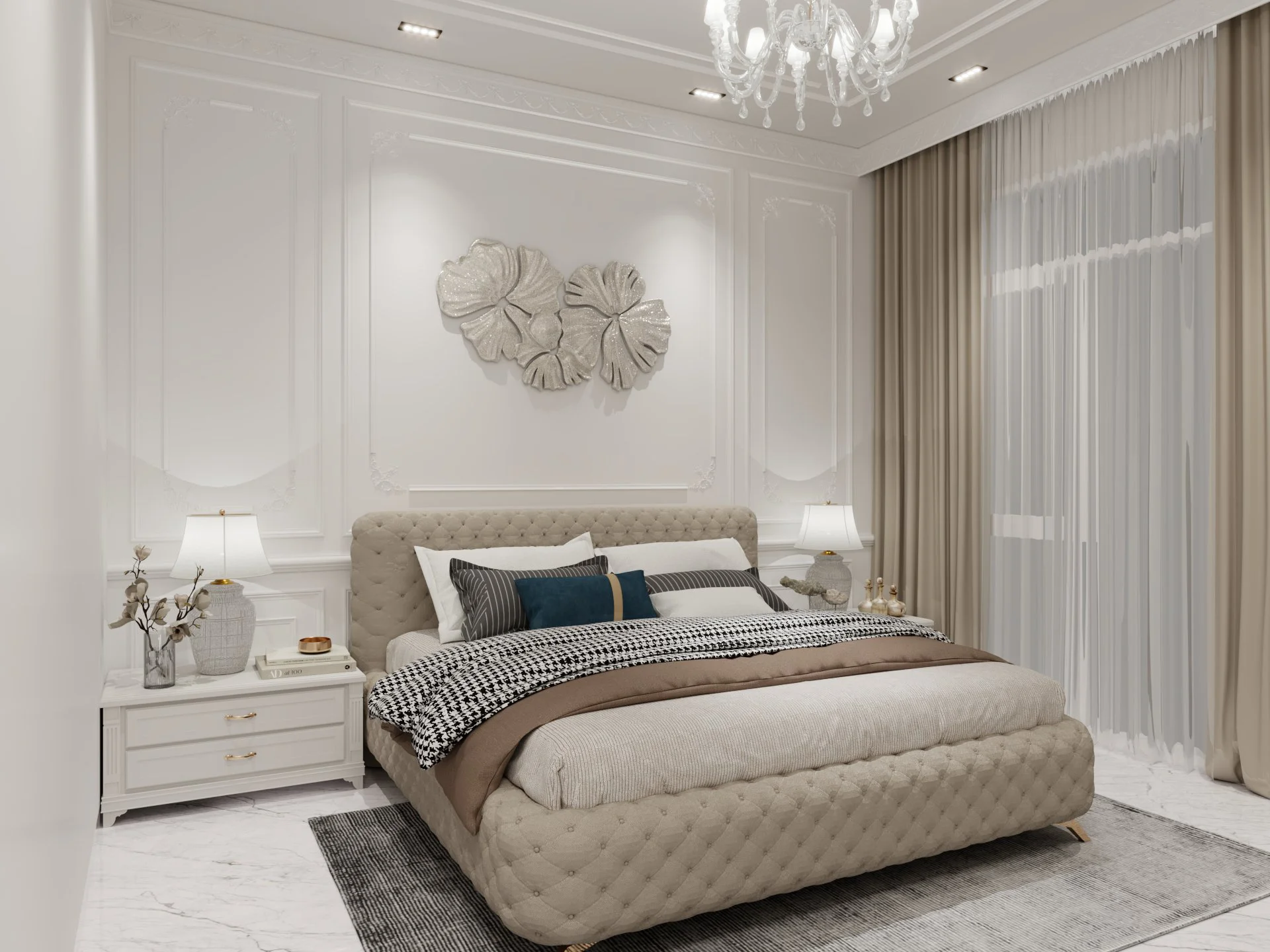 Luxurious master bedroom with a neutral tufted headboard, decorative wall moulding, and elegant side tables with lamps.
