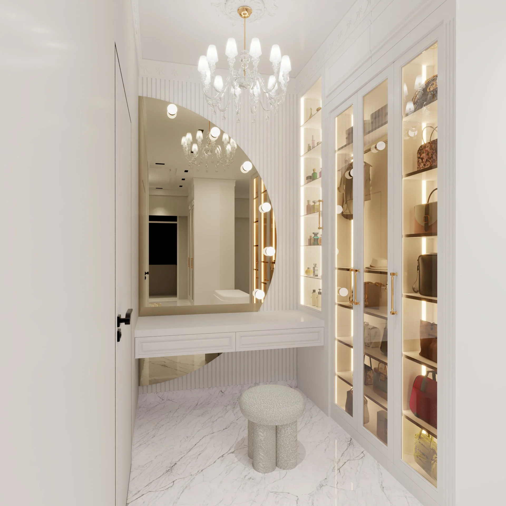 Elegant vanity and dressing area with Hollywood mirror, bespoke white table, and marble flooring in Taniya Residence walk-in.