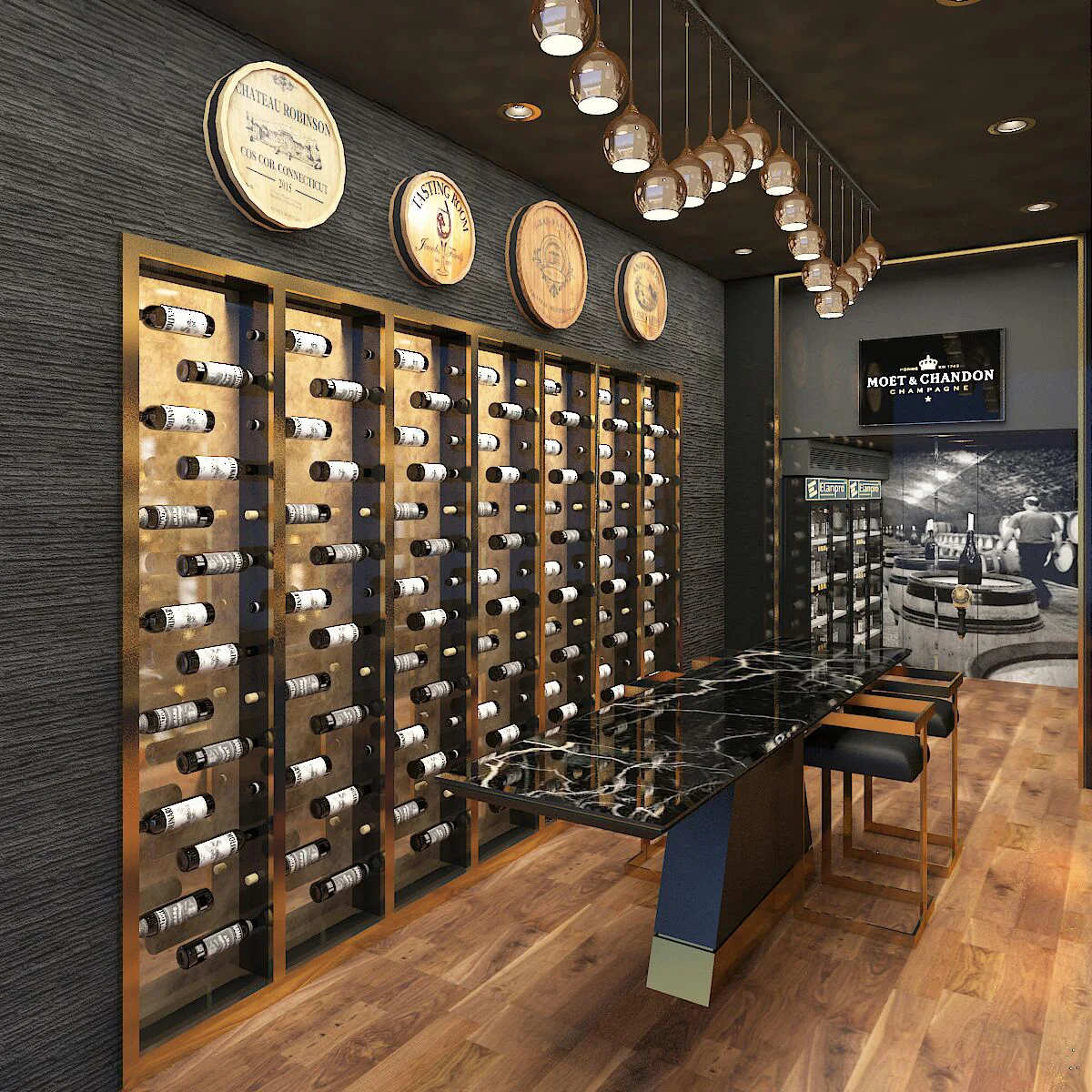 A high-end wine store tasting area with a black marble table, gold accents, and a large display for Champagne.