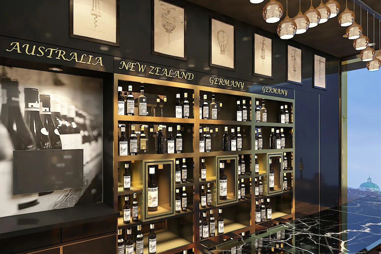A modern wine shop interior showcasing a wall display of wine bottles organized by region with elegant, backlit shelving.